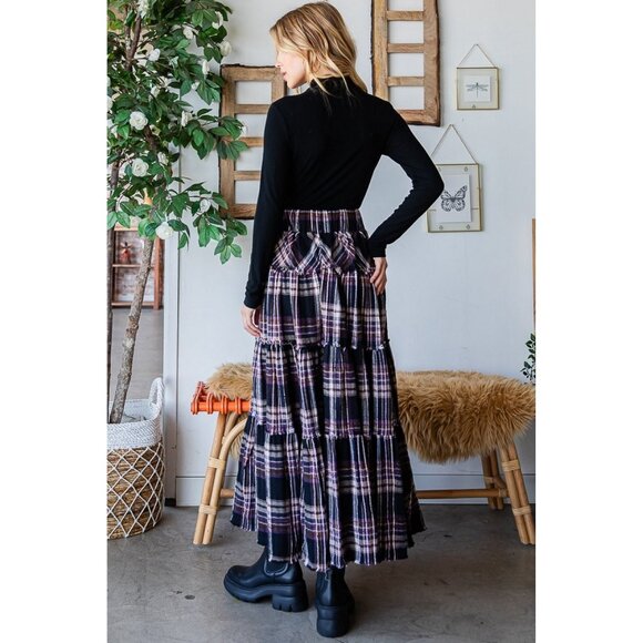 Oli & Hali Purple Mineral Washed Check Plaid Tiered Skirt - Picture 5 of 5
